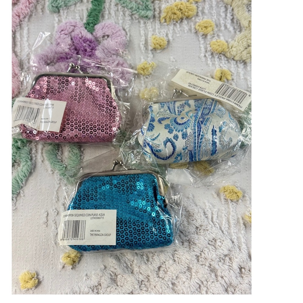 The Paragon Group Coin Purse Set of 3 Sequin Paisley Kiss Lock Aqua Pink Cream